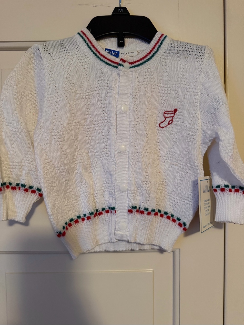 Vintage Holiday/Christmas White Knit Kids Cardigan with Red & Green Trim